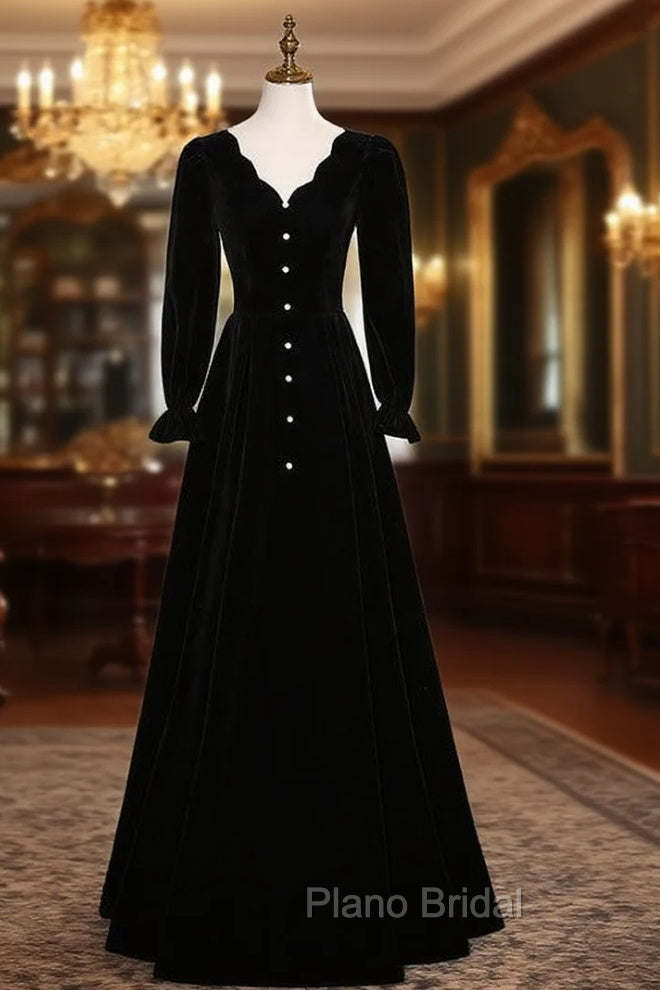 Black Velvet Long Sleeve V-neck Formal Prom Dresses Main image