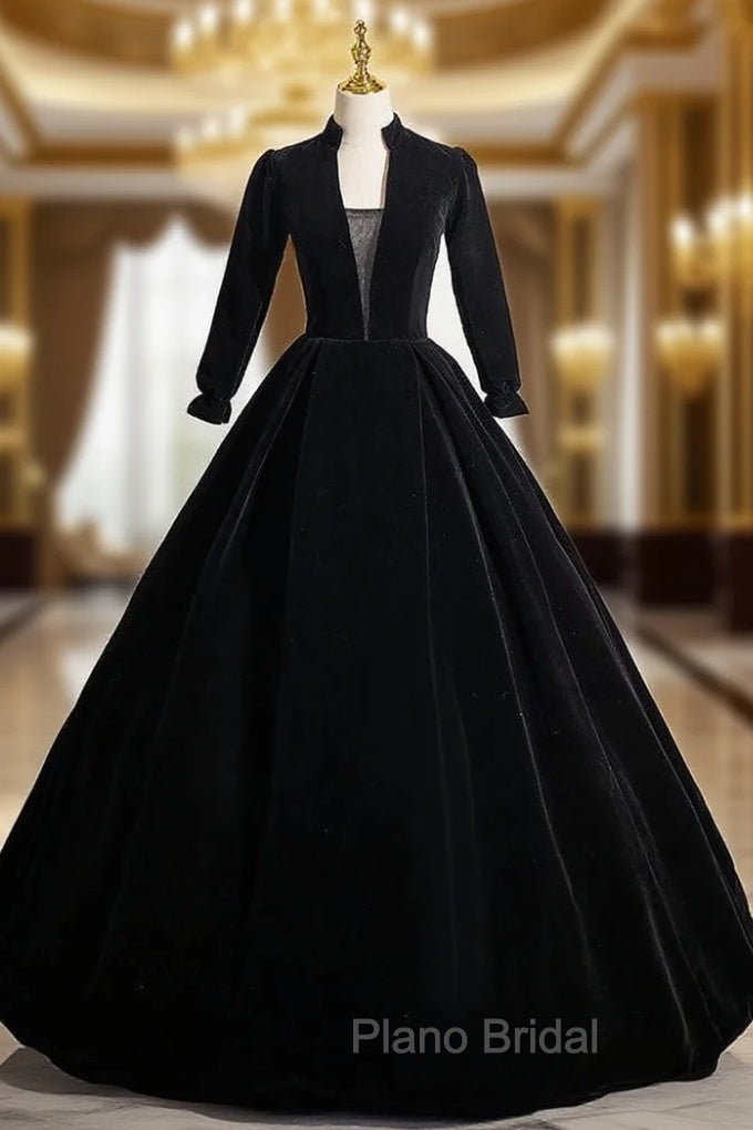 Black Velvet Long Sleeve V-neck Quinceanera Dresses