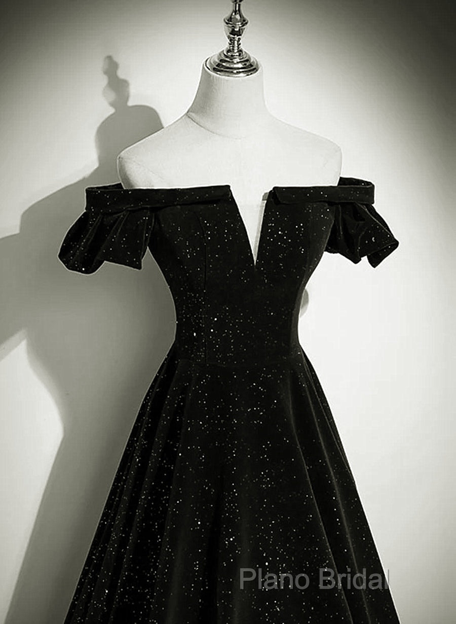 Black Velvet Off Shoulder A-Line Long Formal Prom Dresses, Black Simple Wedding Party Dresses