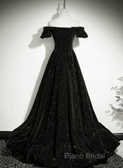 Black Velvet Off Shoulder A-Line Long Formal Prom Dresses, Black Simple Wedding Party Dresses