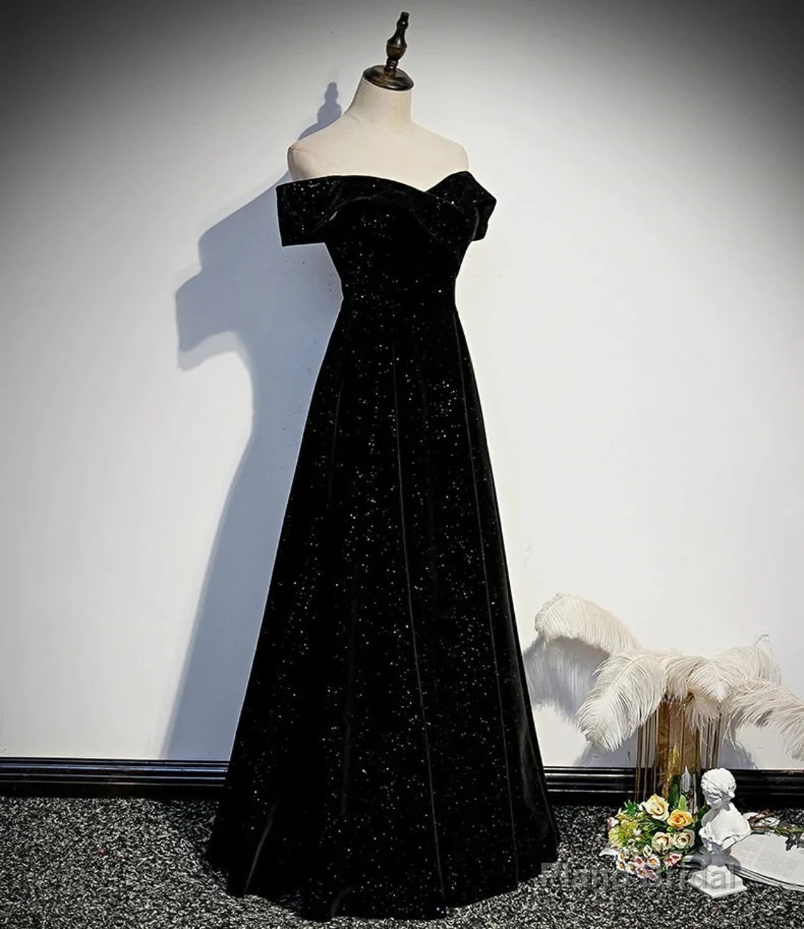 Black Velvet Off Shoulder Long Party Dress, Black Simple Prom Dress Secondary image