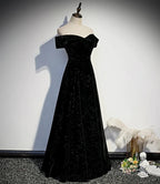 Black Velvet Off Shoulder Long Party Dress, Black Simple Prom Dress