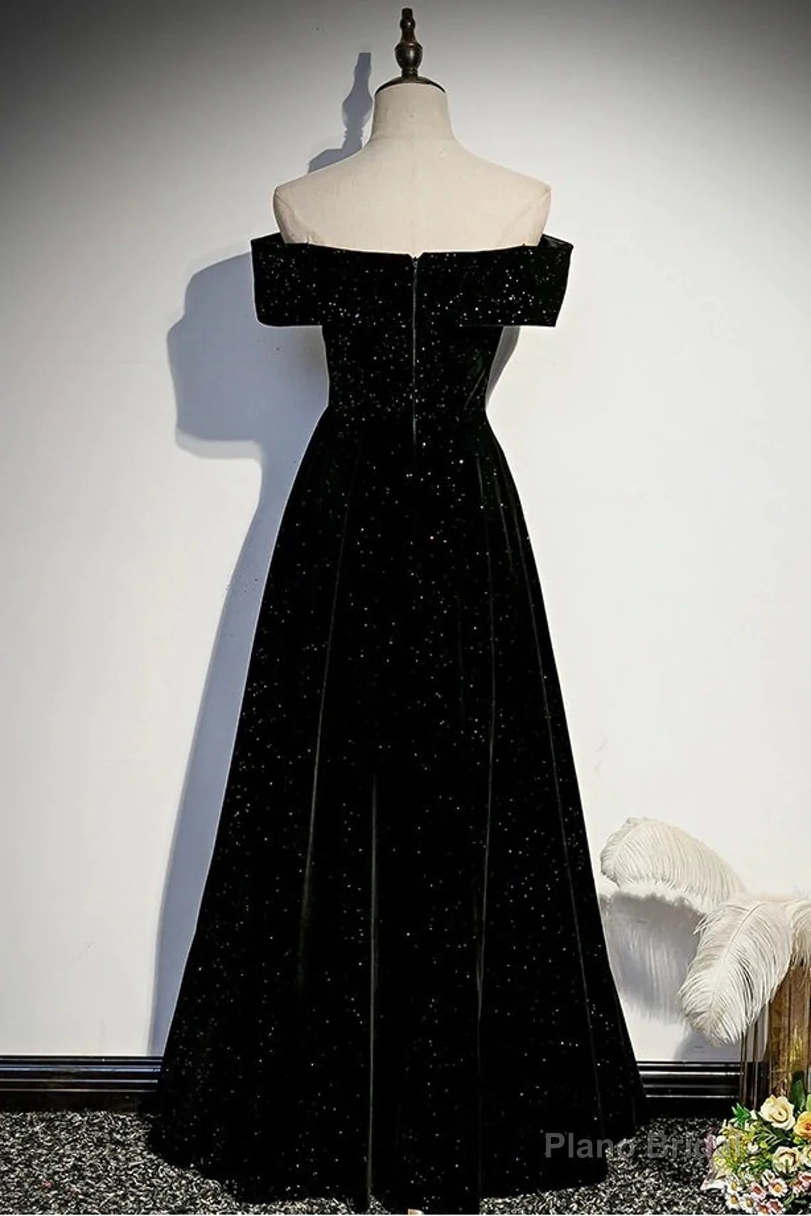 Black Velvet Off Shoulder Long Party Dress, Black Simple Prom Dress Main image