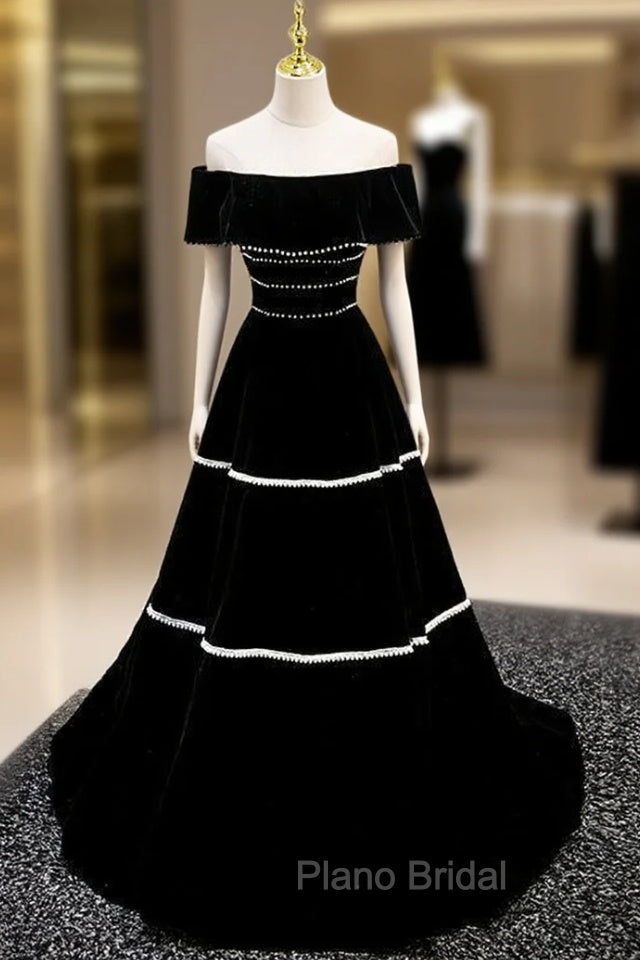 Black Velvet Off the Shoulder Pearls Formal Prom Dresses Main image
