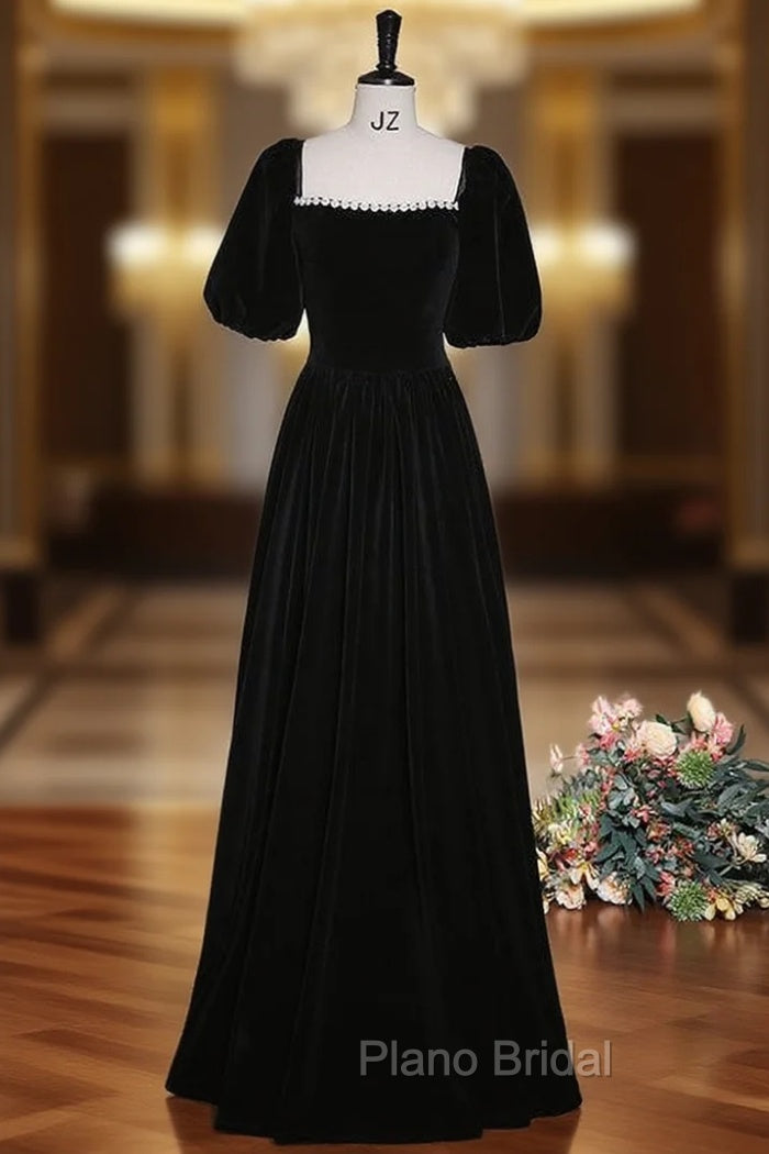 Black Velvet Puff Sleeve Pearls Formal Prom Dresses