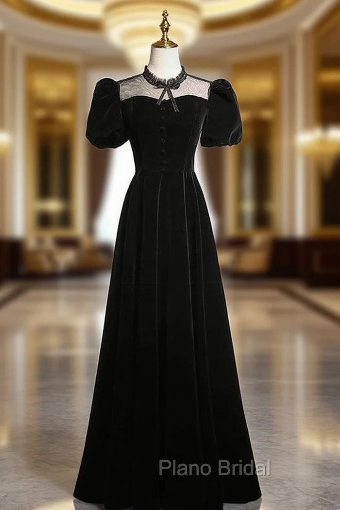 Black Velvet Puff Sleeve Formal Prom Dresses Main image