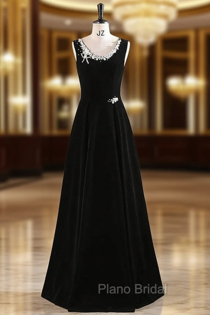 Black Velvet Scoop Neck Pearls Formal Prom Dresses