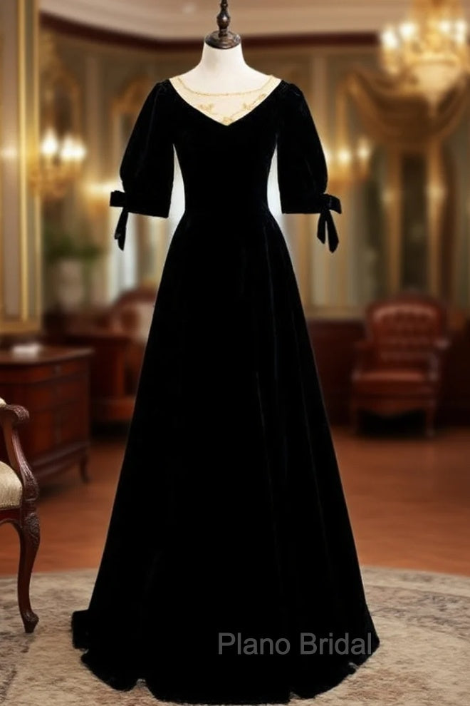 Black Velvet Short Sleeve Beading Formal Prom Dresses