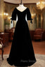 Black Velvet Short Sleeve Beading Formal Prom Dresses