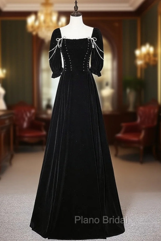 Black Velvet Short Sleeve Pearls Formal Prom Dresses Main image
