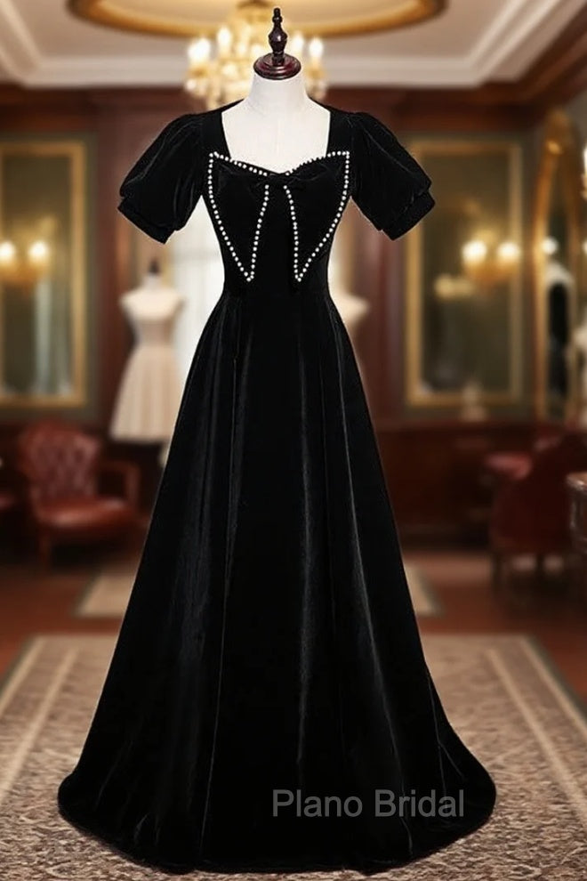 Black Velvet Short Sleeve Pearls Formal Prom Dresses Main image