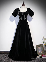 Black Velvet Short Sleeve Pearls Prom Dresses