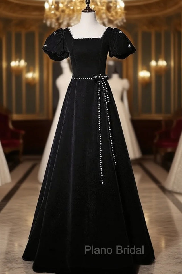 Black Velvet Short Sleeve Square Neck Pearls Formal Prom Dresses Main image