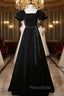 Black Velvet Short Sleeve Square Neck Pearls Formal Prom Dresses