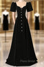 Black Velvet Short Sleeve Square Neck Formal Prom Dresses