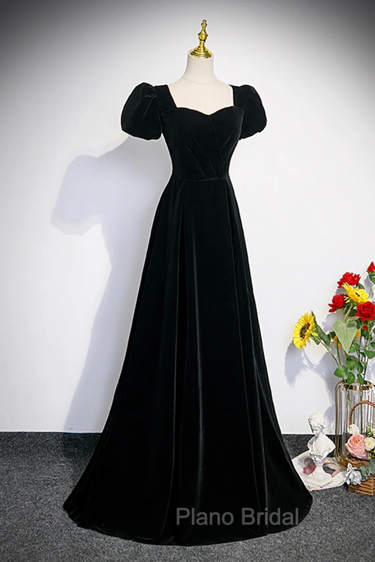 Black Velvet Short Sleeves Floor Length Long Formal Prom Dresses, Black Velvet Long Formal Evening Dresses Secondary image
