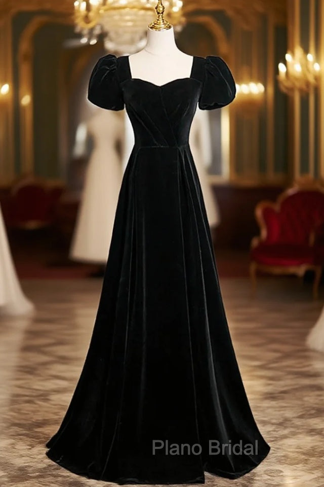 Black Velvet Short Sleeves Floor Length Long Formal Prom Dresses, Black Velvet Long Formal Evening Dresses Main image