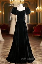 Black Velvet Short Sleeves Floor Length Long Formal Prom Dresses, Black Velvet Long Formal Evening Dresses