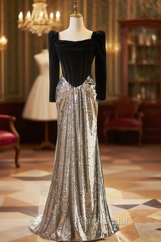 Black Velvet Silver Sequins Long Sleeve Formal Prom Dresses Main image