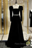 Black Velvet Square Long Sleeve Formal Prom Dresses With Belt