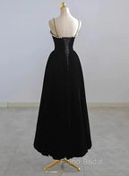 Black Velvet Straps Tea Length Party Dresses, Black Velvet Homecoming Dresses