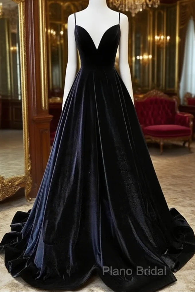 Black Velvet Straps V-Neckline Long Party Dresses, A-Line Velvet Formal Prom Dresses Main image