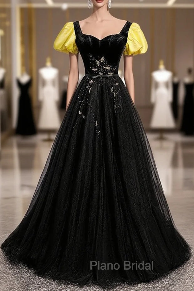 Black Velvet Tulle Square Short Sleeve Formal Prom Dresses
