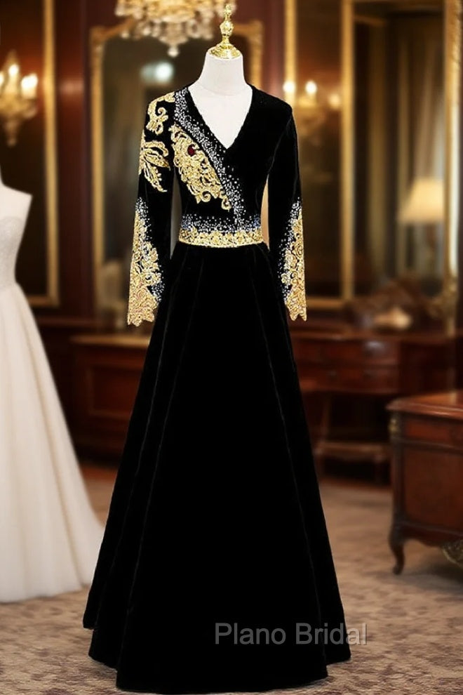 Black Velvet V-neck Long Sleeve Gold Beading Formal Prom Dresses Main image