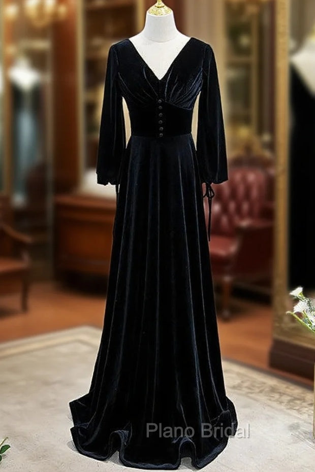 Black Velvet V-neck Long Sleeve Formal Prom Dresses