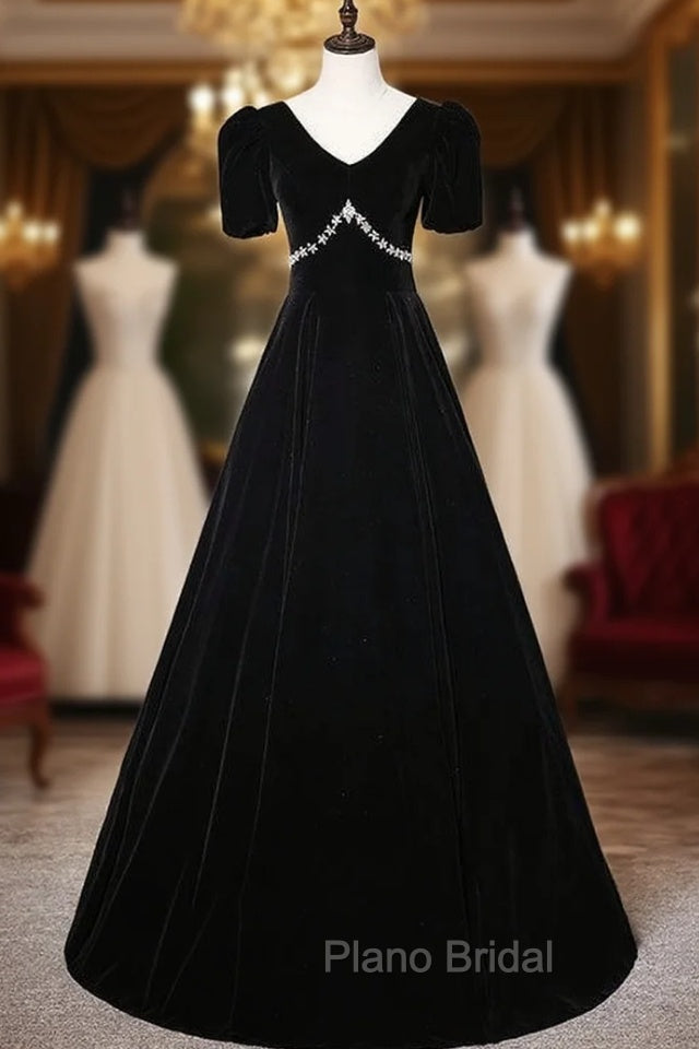 Black Velvet V-neck Short Sleeve Crystal Formal Prom Dresses
