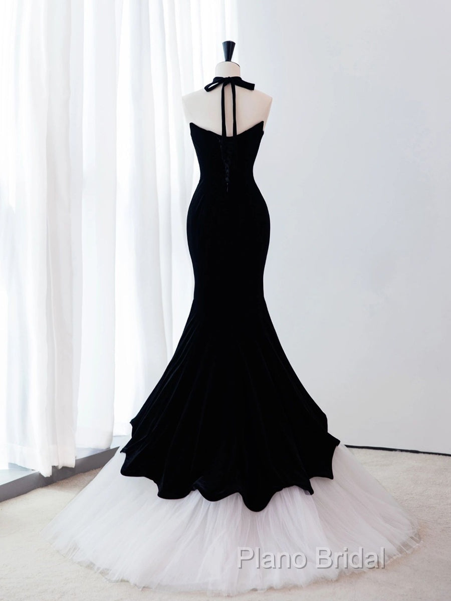 Black/White Velvet Mermaid Long Formal Prom Dresses, Black Formal Dresses Secondary image