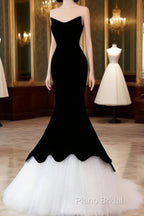 Black/White Velvet Mermaid Long Formal Prom Dresses, Black Formal Dresses