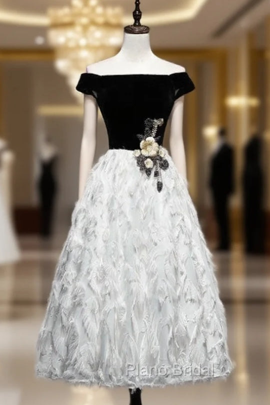 Black White Velvet Off the Shoulder Appliques Formal Prom Dresses