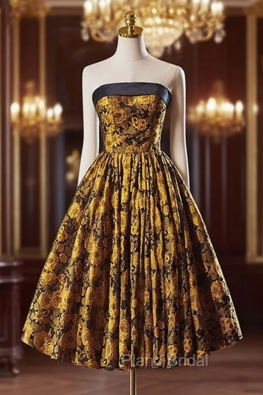 Black Yellow Print Strapless Homecoming Dresses Main image
