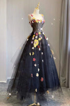 A Line Black Tulle Prom Dress with Flowers Puffy Quinceanera Dresses