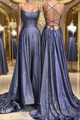 Bling Bling Backless Long Formal Prom Dresses, Open Back Blue Long Formal Evening Dresses