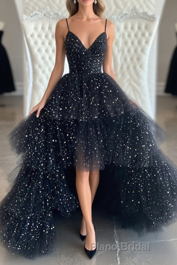Bling Bling V Neck High Low Black Long Formal Prom Dresses, Fluffy Black Formal Evening Dresses, Ball Gown