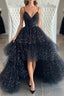 Bling Bling V Neck High Low Black Long Formal Prom Dresses, Fluffy Black Formal Evening Dresses, Ball Gown