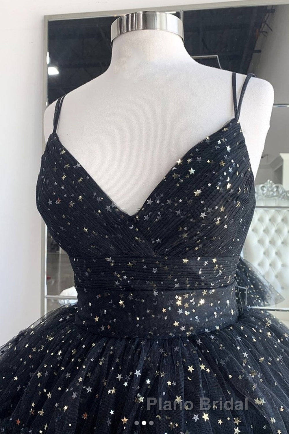 Bling Bling V Neck High Low Black Long Formal Prom Dresses, Fluffy Black Formal Evening Dresses, Ball Gown