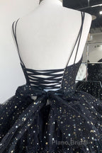 Bling Bling V Neck High Low Black Long Formal Prom Dresses, Fluffy Black Formal Evening Dresses, Ball Gown