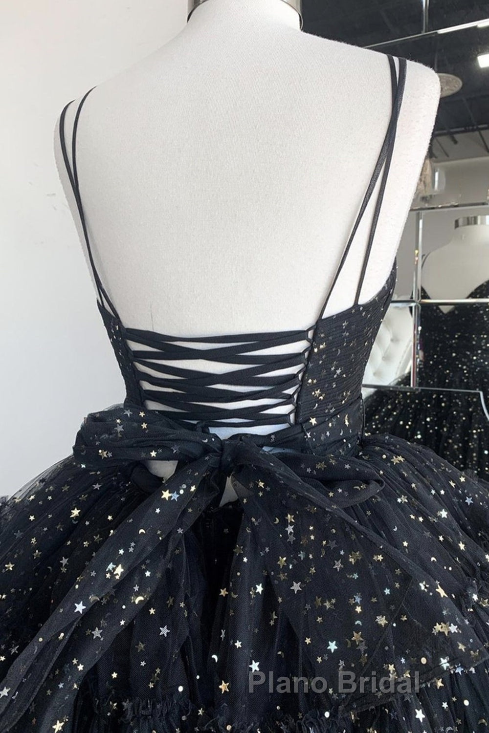 Bling Bling V Neck High Low Black Long Formal Prom Dresses, Fluffy Black Formal Evening Dresses, Ball Gown