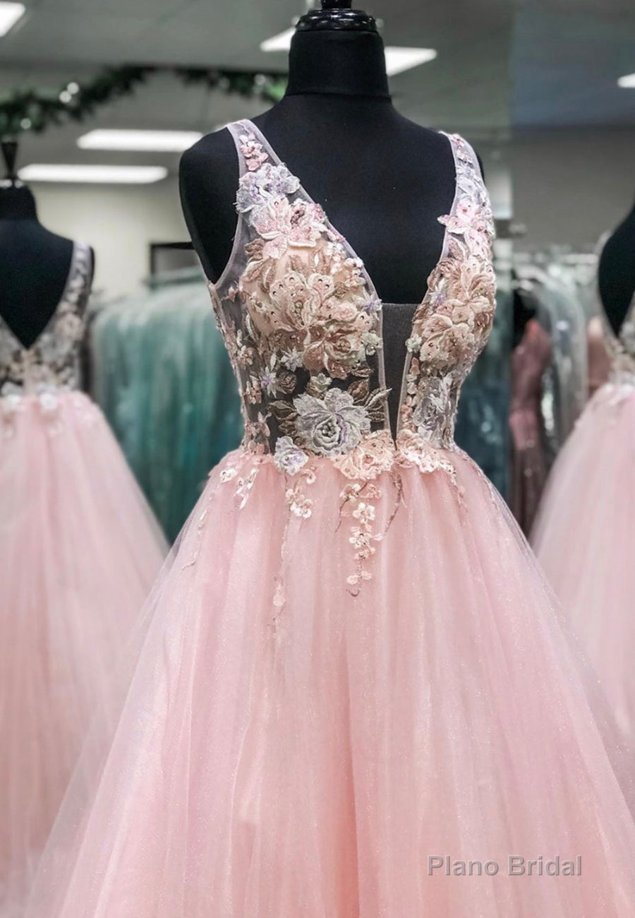 Pink V-Neck Tulle Long Prom Dresses, A Line Evening Dresses Main image