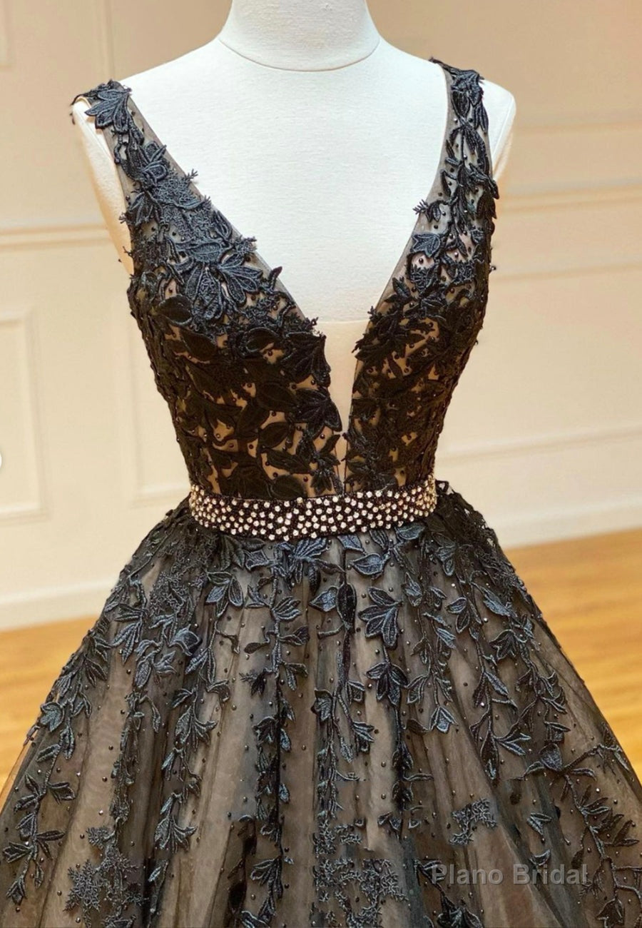 Black V-Neck Lace Long Prom Dresses, A-Line Evening Dresses Secondary image