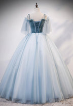 Lovely Spaghetti Strap Blue Long Prom Dresses, Lace Evening Dresses