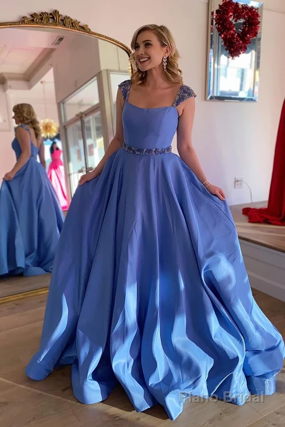 Blue A-Line Cap Sleeves Long Prom Dress with Beading Secondary image