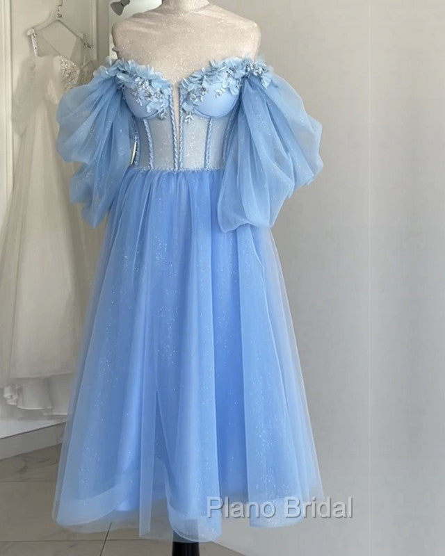 Blue A-Line Midi Tulle Corset Dresses With Puffy Sleeves Secondary image