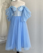 Blue A-Line Midi Tulle Corset Dresses With Puffy Sleeves