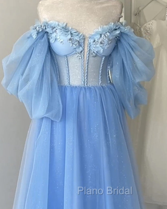 Blue A-Line Midi Tulle Corset Dresses With Puffy Sleeves