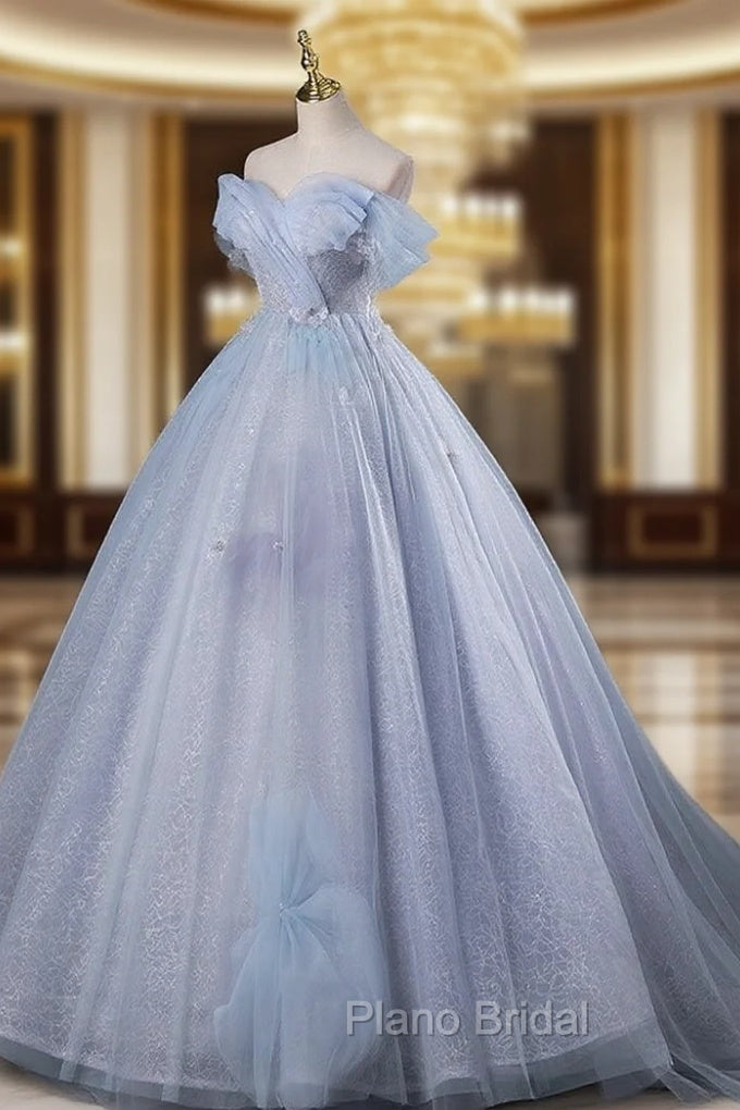 Blue A-Line Off Shoulder Tulle Long Formal Prom Dresses, Blue Formal Dresses