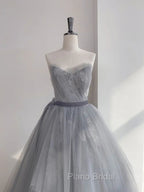 A Line Strapless Appliques Gray Tulle Long Formal Prom Dresses Evening Dresses